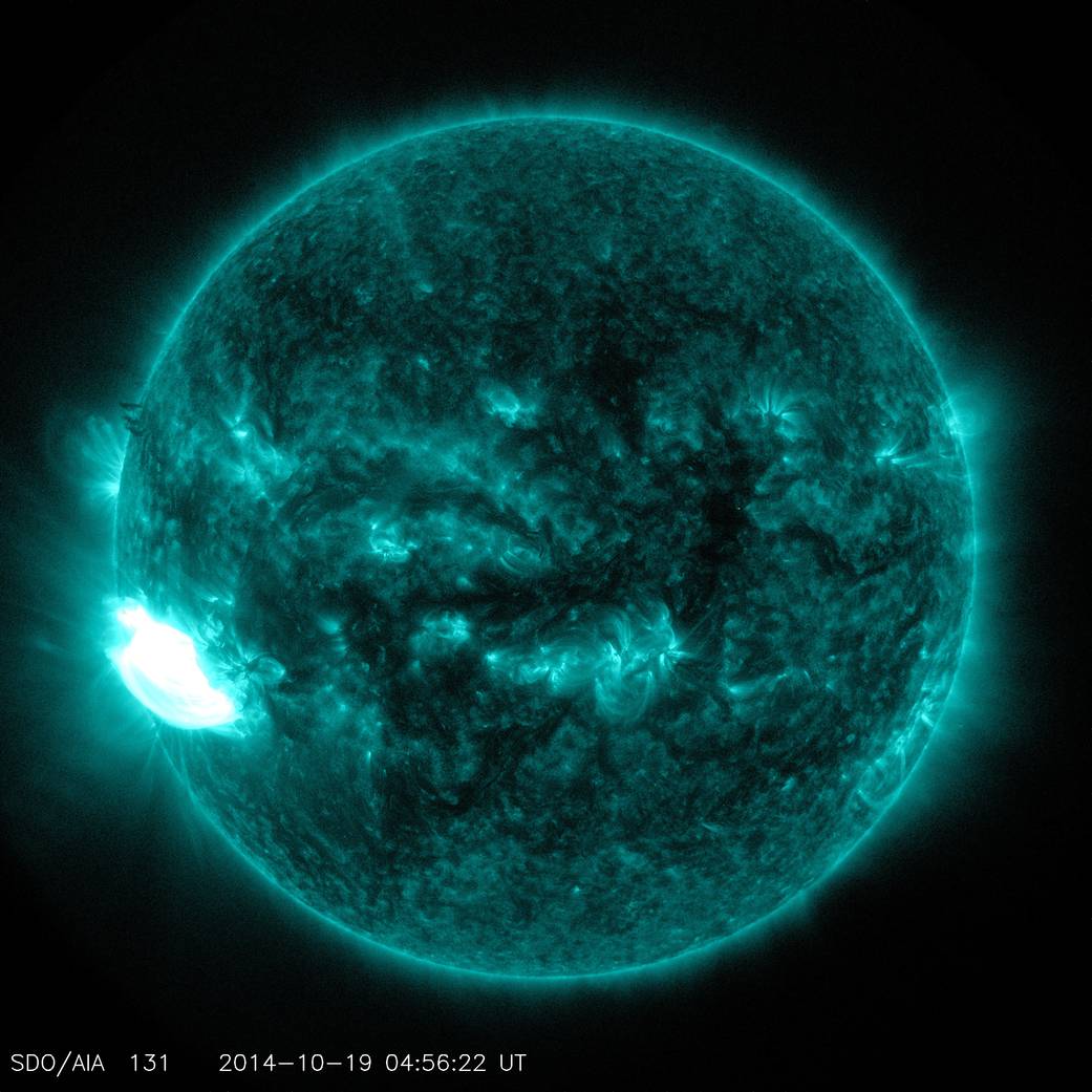 An X1.1-class solar flare captured by SDO on Oct. 19, 2014.
