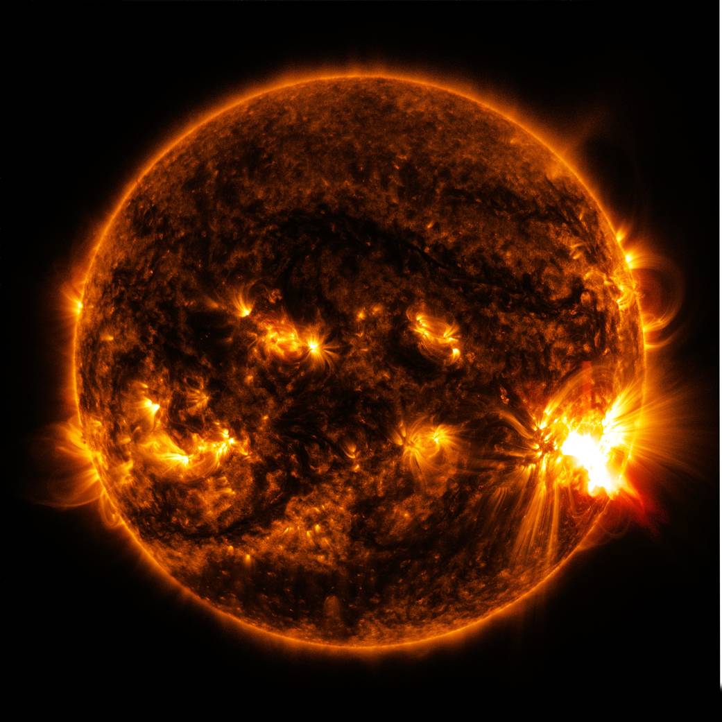SDO captured this image of an X2.0-class solar flare bursting off the lower right side of the sun on Oct. 27, 2014.
