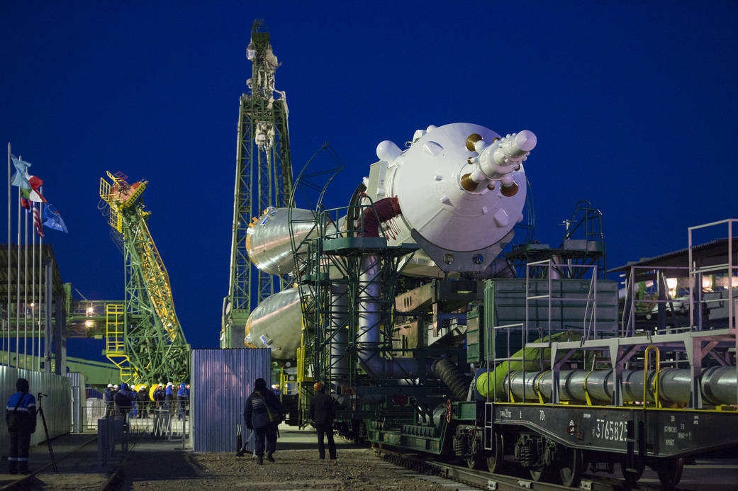 The Soyuz TMA-15M spacecraft is rolled out to the launch pad.