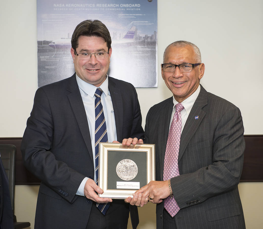 NASA Administrator Charles Bolden, right, poses for a photo with Israeli Minister of Science, Technology, and Space.