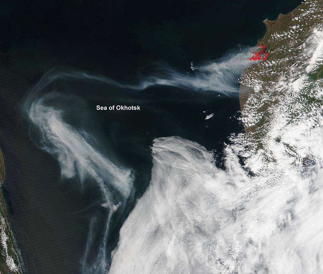 Smoke drifting over Sea of Okhotsk