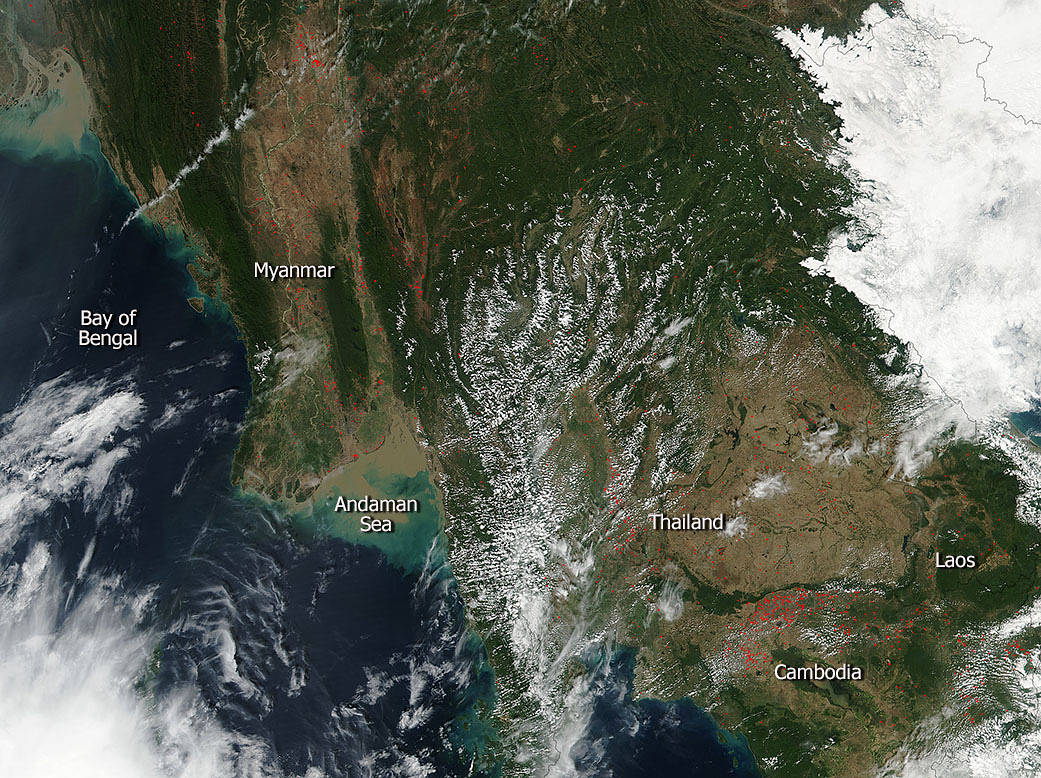 Suomi NPP image of fires in Indochina