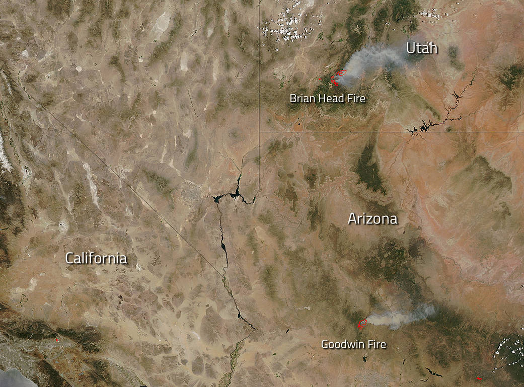Aqua image of fires in Utah and Arizona