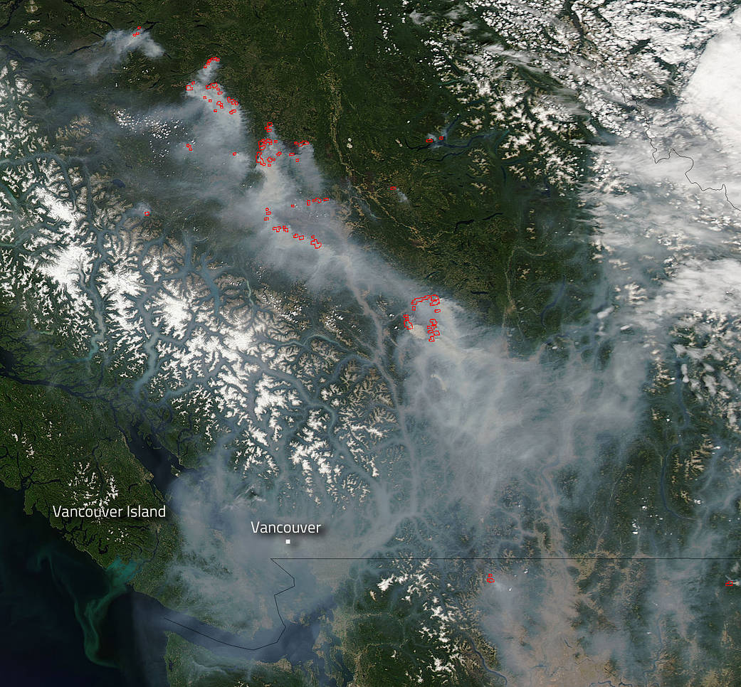 Aqua image of smoke and fires in British Columbia