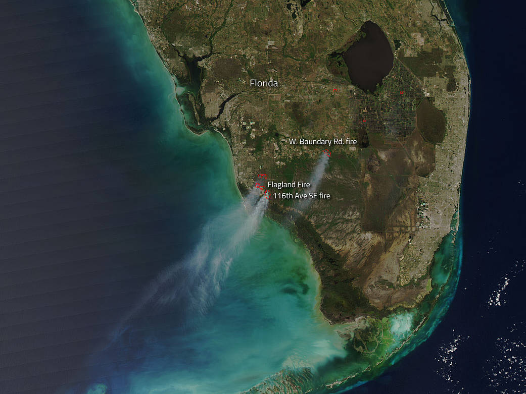 Aqua satellite image of fires in southern Florida