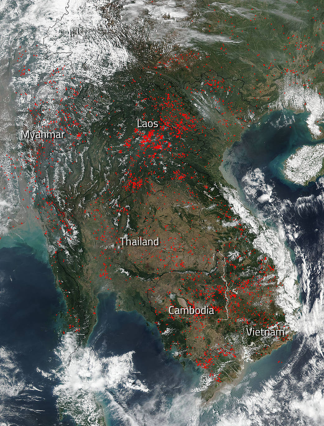 Suomi NPP Image of fires in Indochina