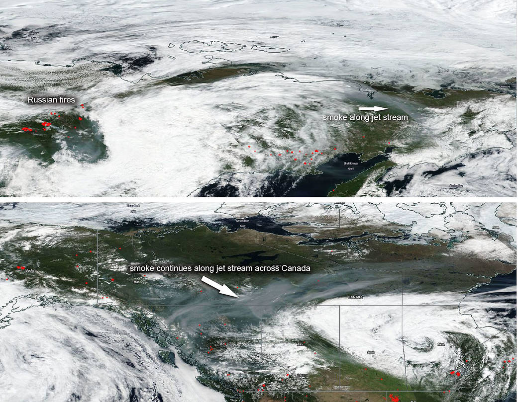 Smoke from Russian fires can be seen moving into Canada