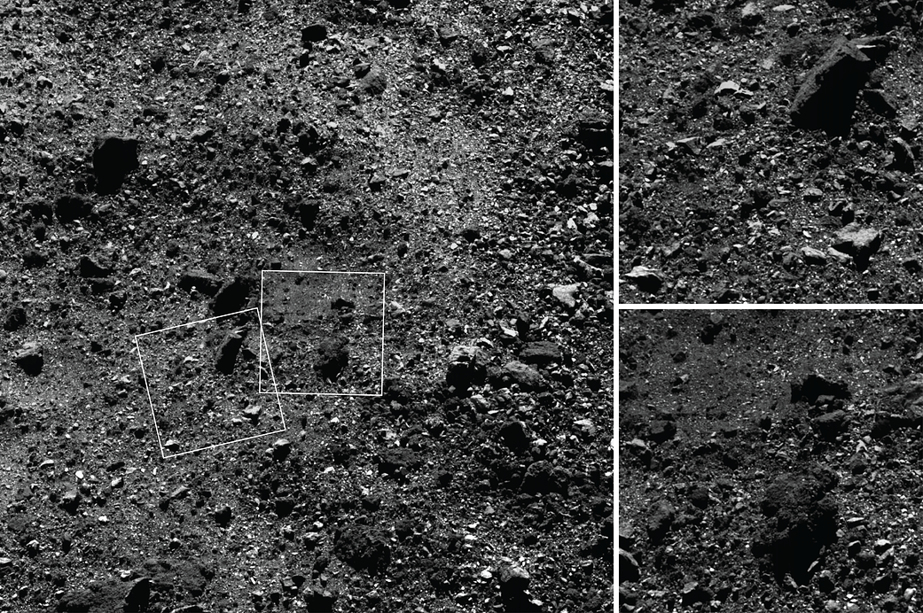 three images of gray, rocky surface, one big, two inset