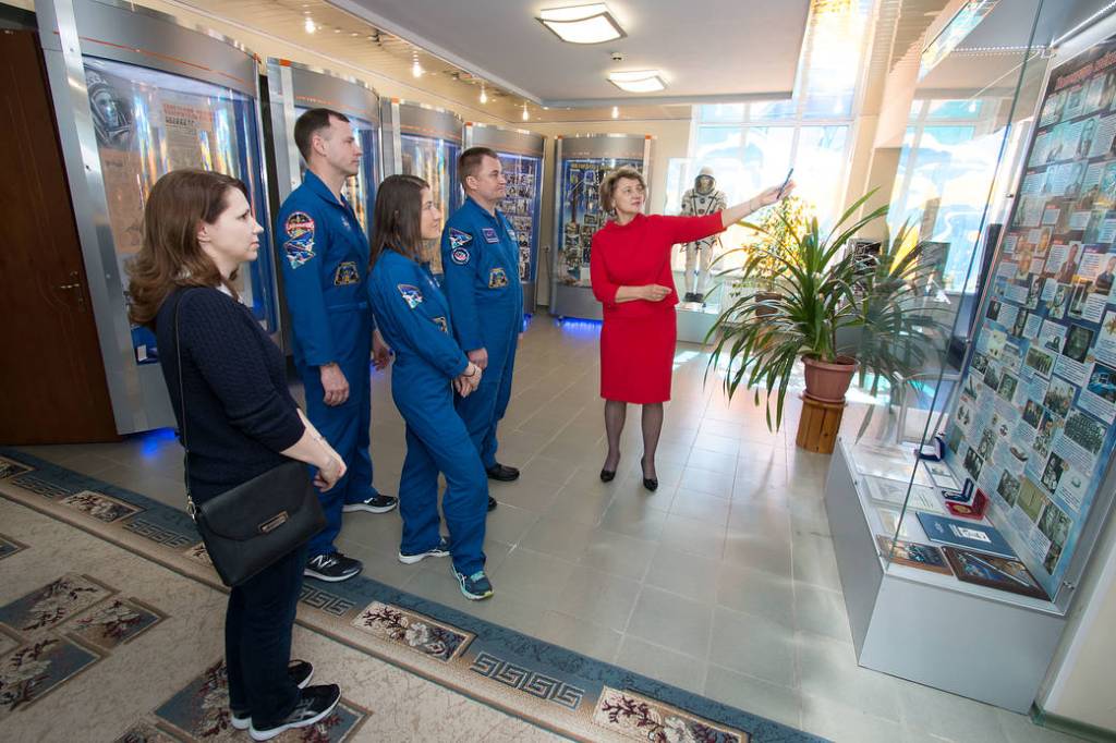 Expedition 59 crew members at the Baikonur Cosmodrome Museum in Kazakhstan