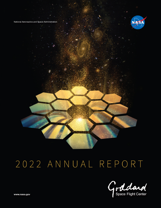 image of yellow hexagons with streaks of blue on a back background with text and a nasa logo