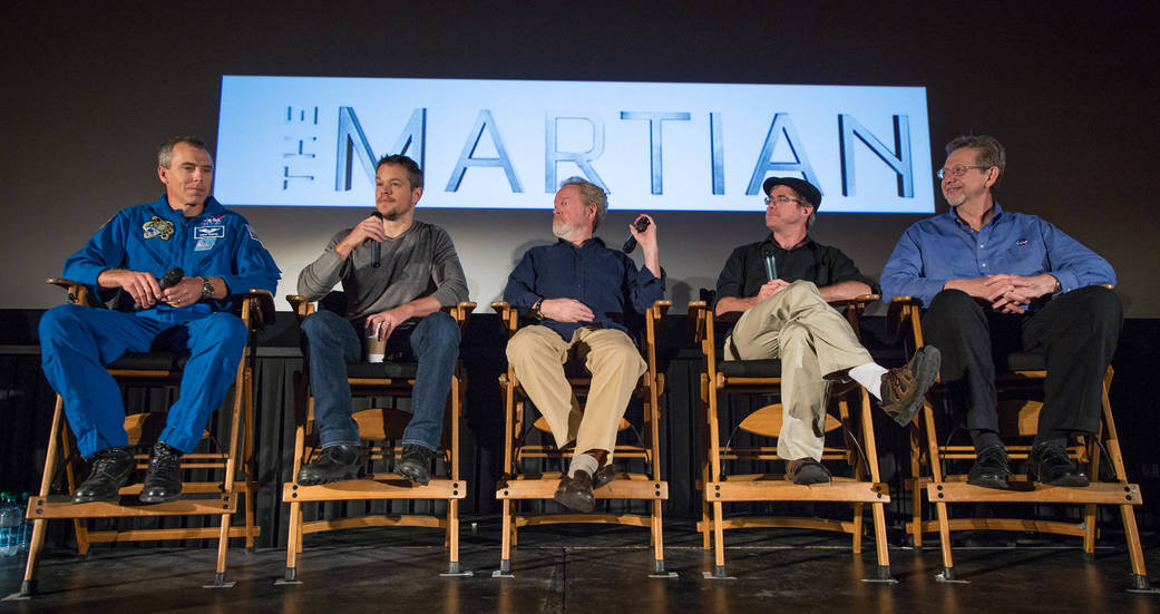 NASA Astronaut Drew Feustel, left, Actor Matt Damon, Director Ridley Scott, Author Andy Weir, and NASA's Jim Green on stage