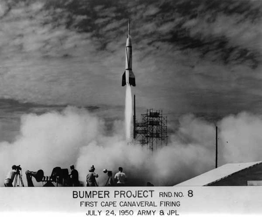 Launch of Bumper-WAC aboard JPL missile atop V-2 rocket