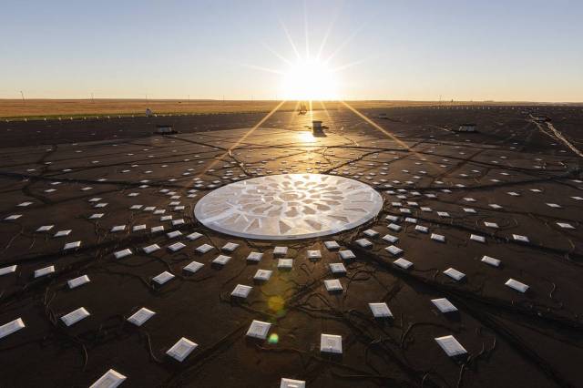 An array of 960 microphones is seen here off the end of runway 11 at Boeing’s research facility near Glasgow, Montana. 