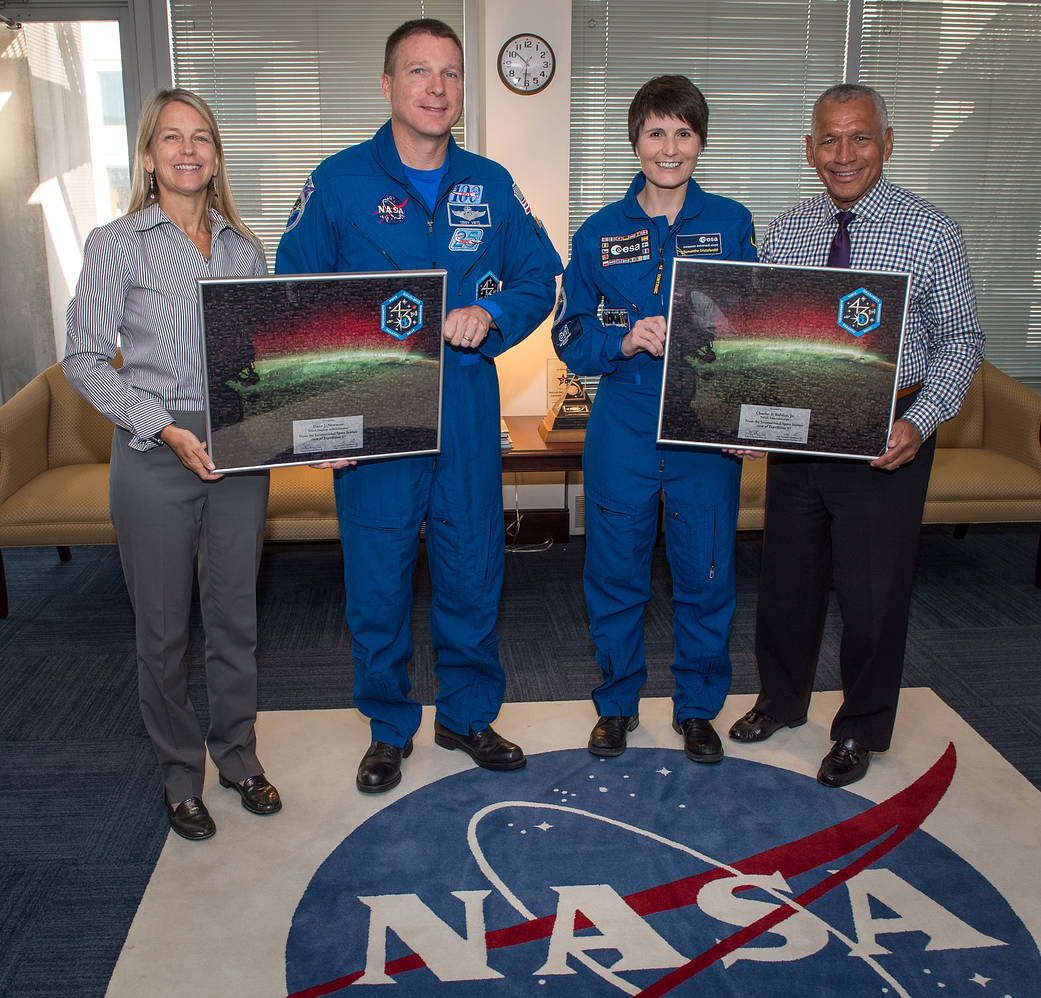 NASA Deputy Administrator Dava Newman, astronauts Terry Virts and Samantha Cristoforetti, NASA Administrator Bolden