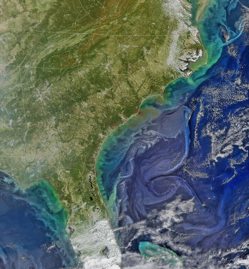 Color image of southeast United States from satellite showing sediment runoff in ocean