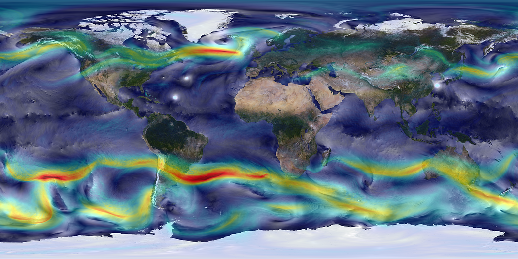This visualization shows global winds from a GEOS-5 simulation using 10-kilometer resolution. Surface winds (0 to 40 meters/seco