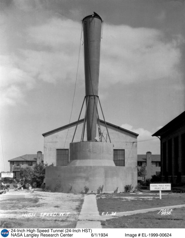 An exterior view of Building 585, home to Langley’s 24-Inch High-Speed Tunnel, on June 1, 1934.