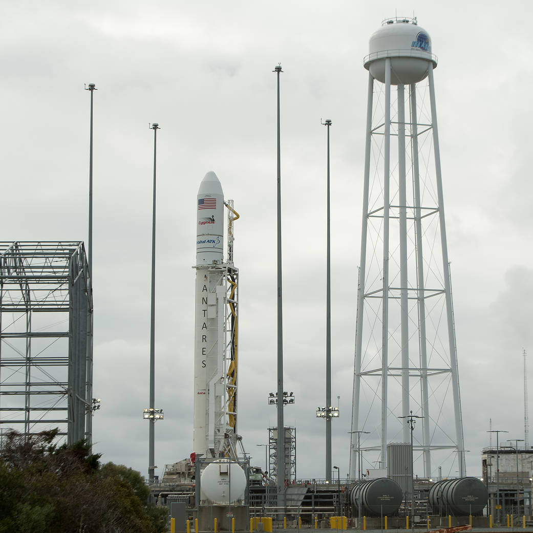 Antares rocket vertical at launchpad