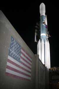 The Delta II rocket set to carry the Gamma-ray Large Area Space Telescope into space stands poised on the launch pad after retraction of the servicing tower.