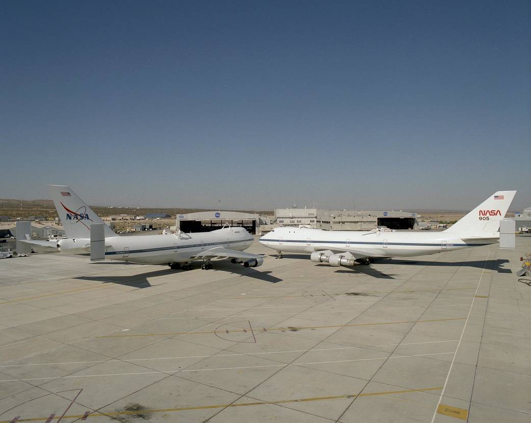 The first Space Shuttle Transport (SCA) Boeing 747 was flown today following engine repairs according to NASA's requirements.