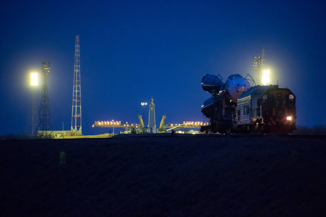 Expedition 47 Soyuz rolls out in preparation for launch to the International Space Station.