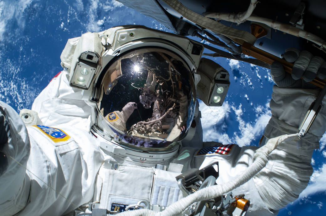 NASA astronaut Barry Wilmore works outside the International Space Station on the first of three spacewalks, Feb. 21, 2015.