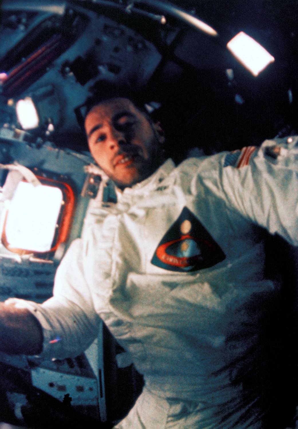 Astronaut inside lunar module without helmet during Apollo 8 mission