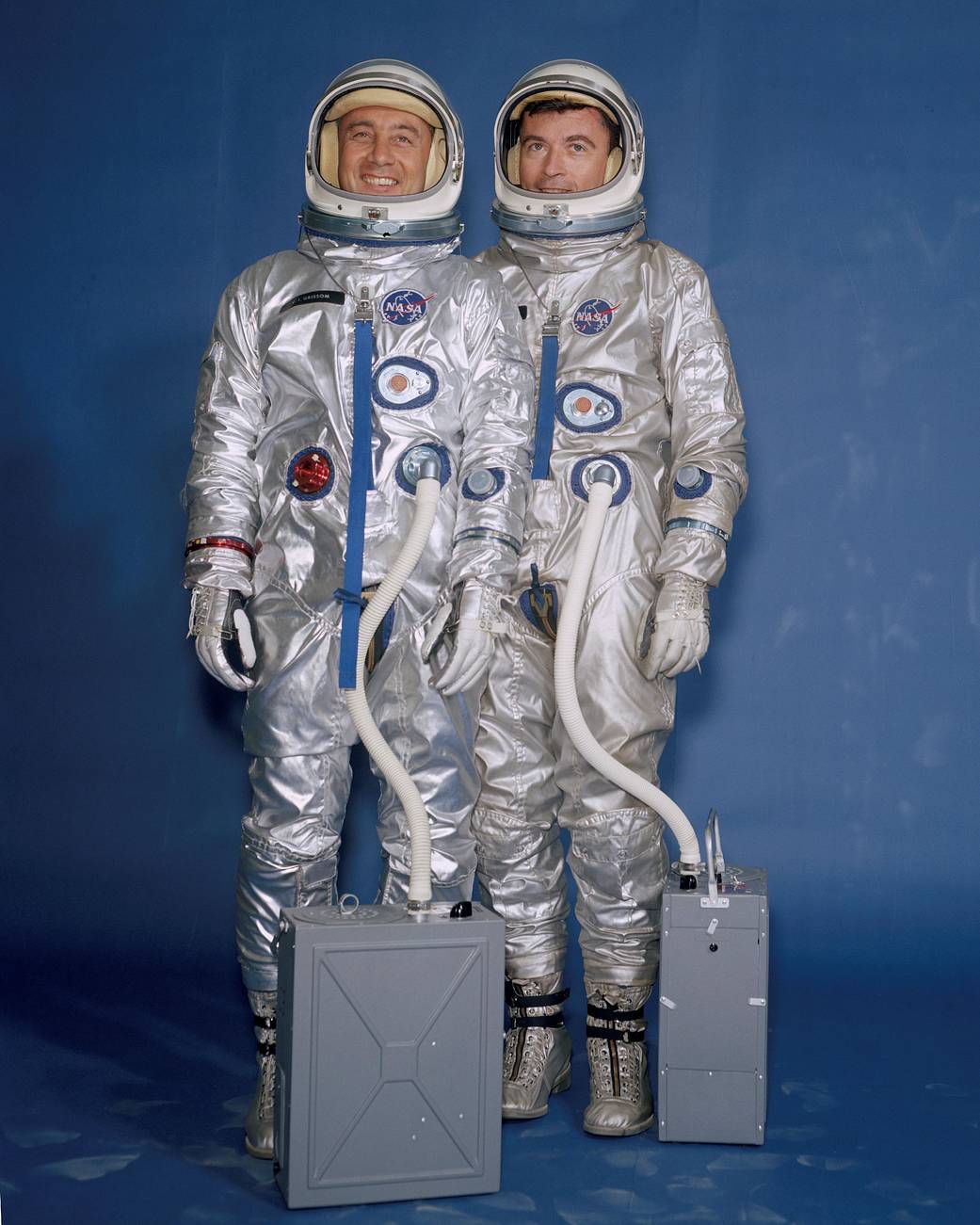 Gemini III crew in silver spacesuits