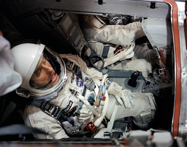 Tom Stafford inside the Gemini 6 spacecraft