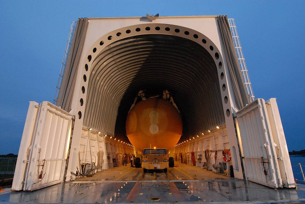 In the Launch Complex 39 Area at NASA's Kennedy Space Center in Florida, the external tank for space shuttle Atlantis' STS-125 mission to the Hubble Space Telescope sits ready for offloading from the Pegasus barge.