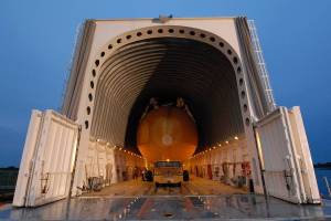 In the Launch Complex 39 Area at NASA's Kennedy Space Center in Florida, the external tank for space shuttle Atlantis' STS-125 mission to the Hubble Space Telescope sits ready for offloading from the Pegasus barge.