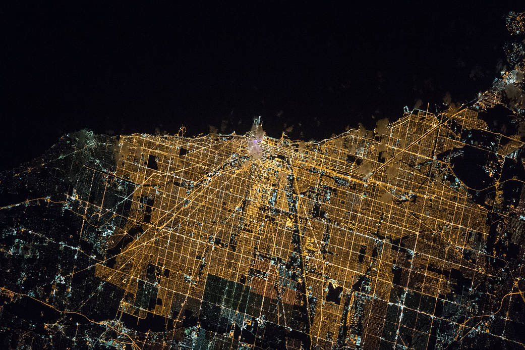 Nighttime lights of city of Chicago photographed from low Earth orbit
