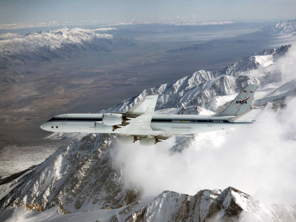 DC-8 in Banked Flight Over Sierra Nevadas