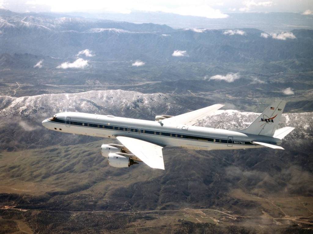 DC-8 in Flight Near San Gabriel Mountains