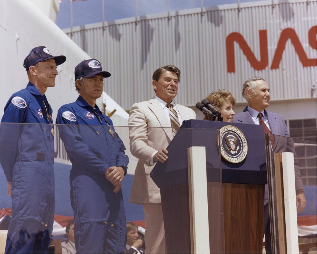 President Ronald Reagan speaks to a crowd of more than 45,000 people at NASA's Dryden Flight Research Center following the landi