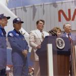 President Ronald Reagan speaks to a crowd of more than 45,000 people at NASA's Dryden Flight Research Center following the landi