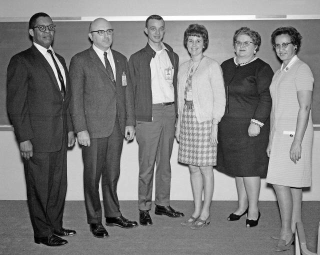 Mathematician Katherine Johnson, at far right, photographed with colleagues at NASA Langley Research Center in 1970.