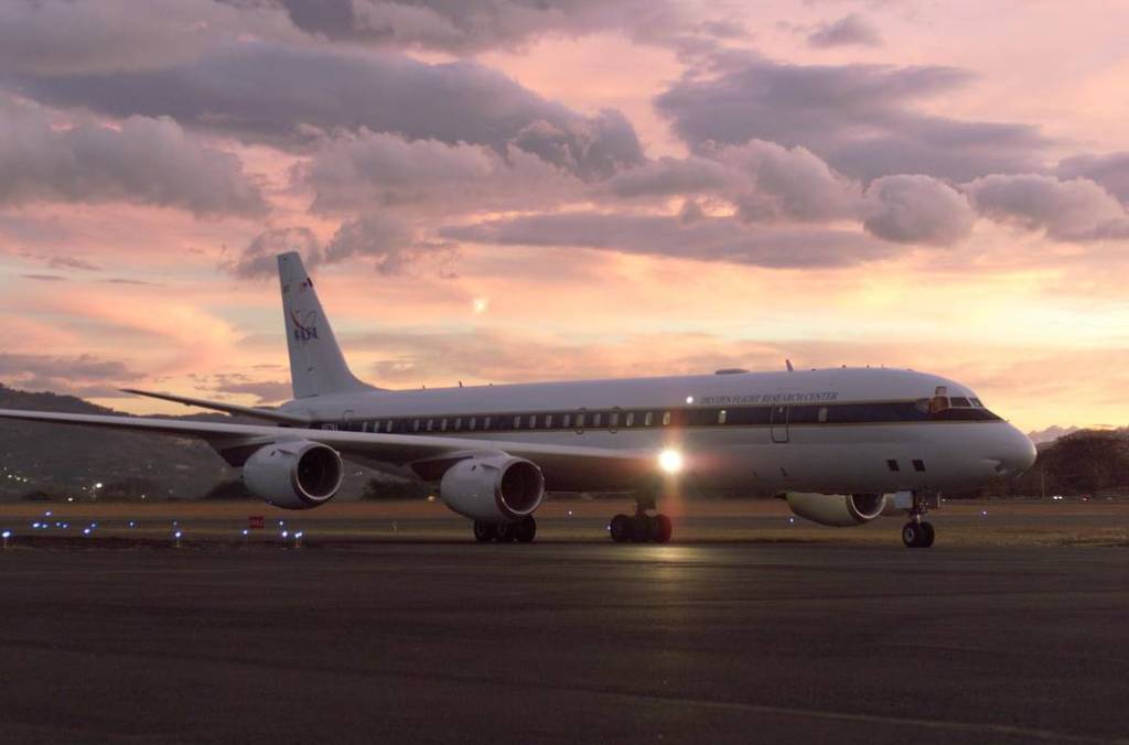 NASA’s DC-8 at Sunset after AirSAR 2004 Mesoamerica Campaign Flight