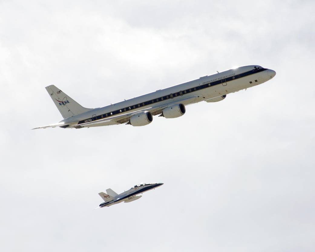 NASA's DC-8 Airborne Science Laboratory Shadowed by NASA FA-18 Chase Plane