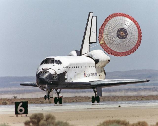 STS-111 Space Shuttle Endeavour's Drag Chute Slows the Orbiter on the Runway