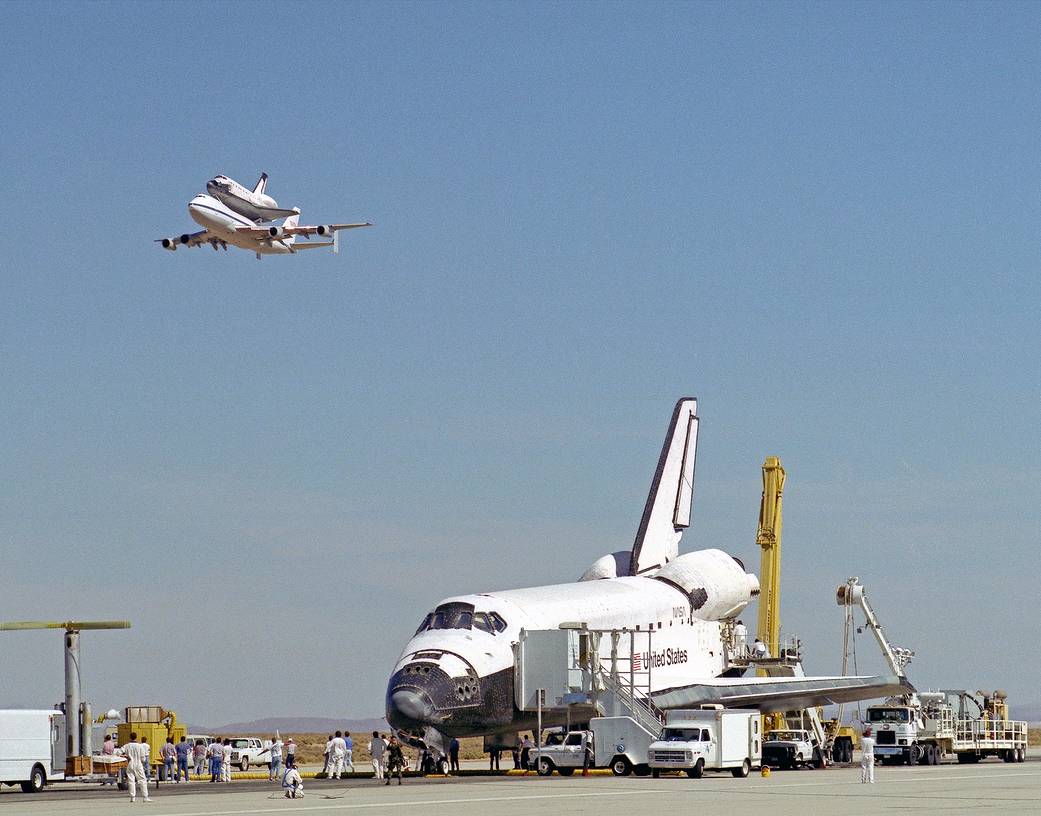 STS-68 Endeavour on Runway, Columbia on 747 SCA Overhead