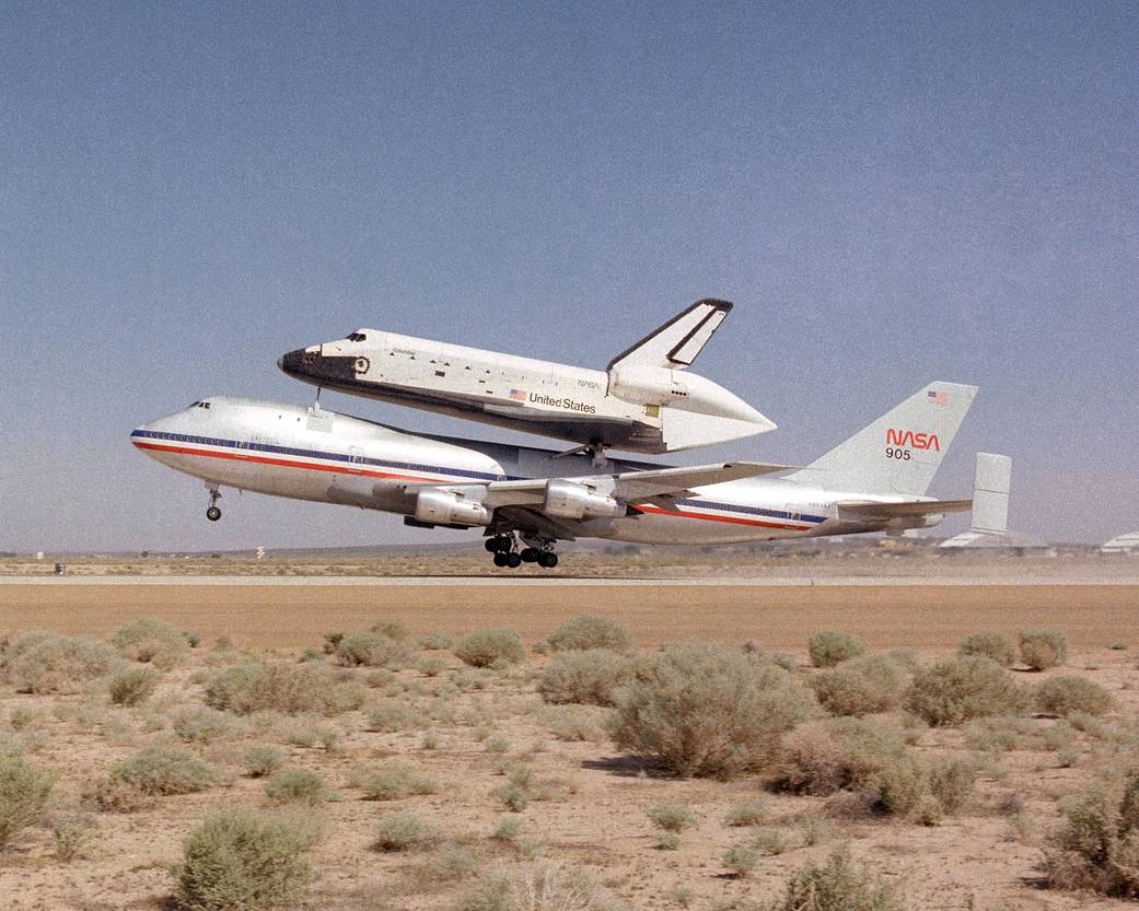 NASA's 747 with Columbia Atop Ferries the Shuttle Back to KSC 