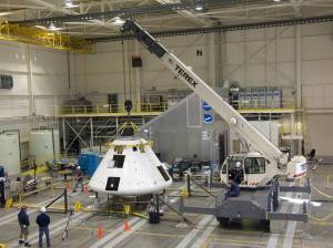 Crane Positions the Orion PA-1 Abort Flight Test Module for Mass Properties Testing