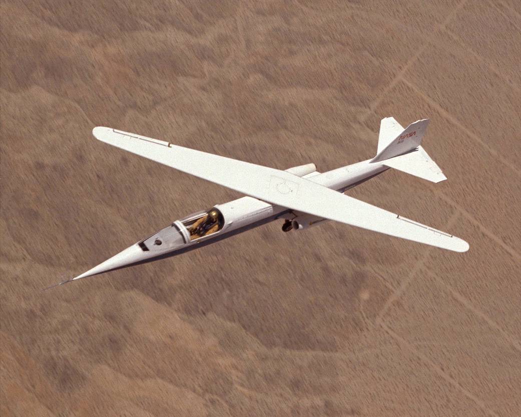 The AD-1 aircraft in flight with its wing swept at 60 degrees, the maximum sweep angle.