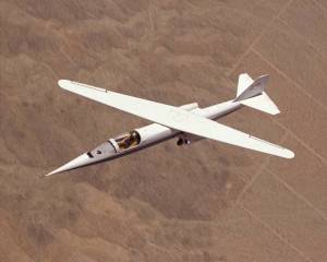 The AD-1 aircraft in flight with its wing swept at 60 degrees, the maximum sweep angle.