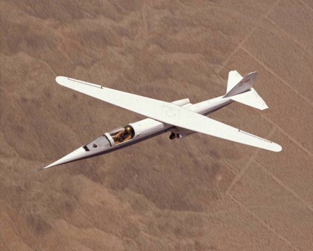 The AD-1 aircraft in flight with its wing swept at 60 degrees, the maximum sweep angle. 
