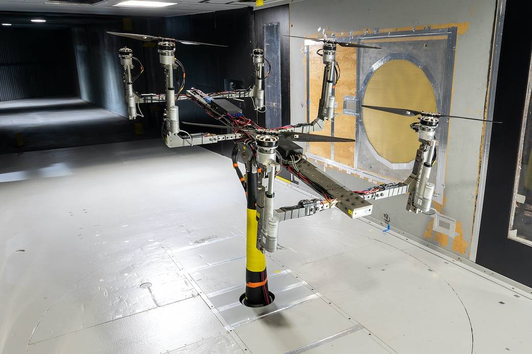The Multirotor Test Bed structure installed in the U.S. Army’s 7- by 10-ft wind tunnel at NASA’s Ames Research Center in Silicon Valley. 