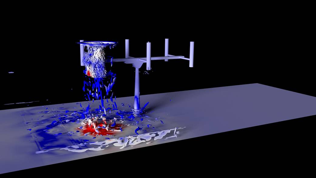 A flow visualization of a hover experiment on the Multirotor Test Bed with only one rotor. 