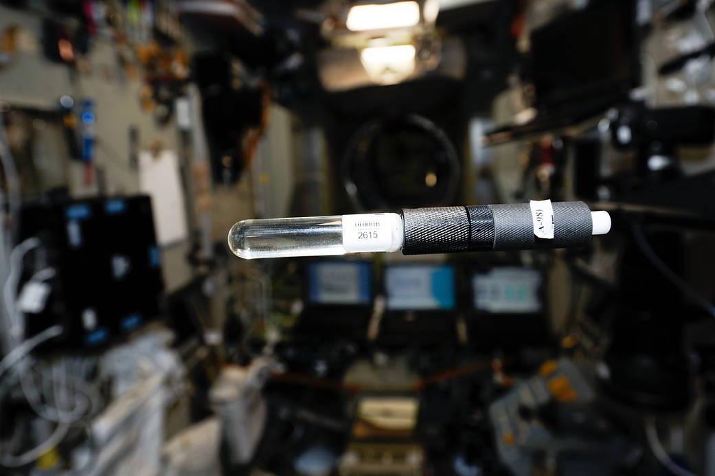 One of the radiation detectors for the Radi-N2 experiment floats in the space station.