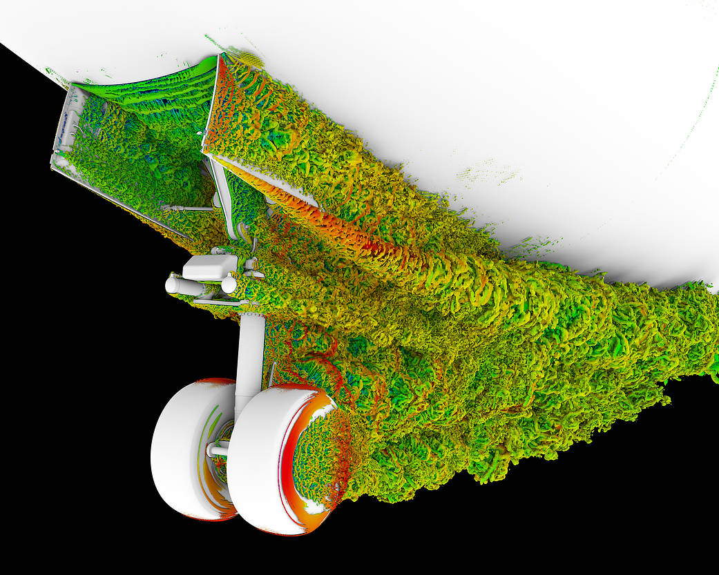 The visualization is colored by speed, from slower green to faster red air velocities. A strong vortex appears coming off the edge of the landing gear doors. Simulations run on NASA supercomputers at Ames allow researchers to better understand the changes in flow behavior that contribute to airframe noise.